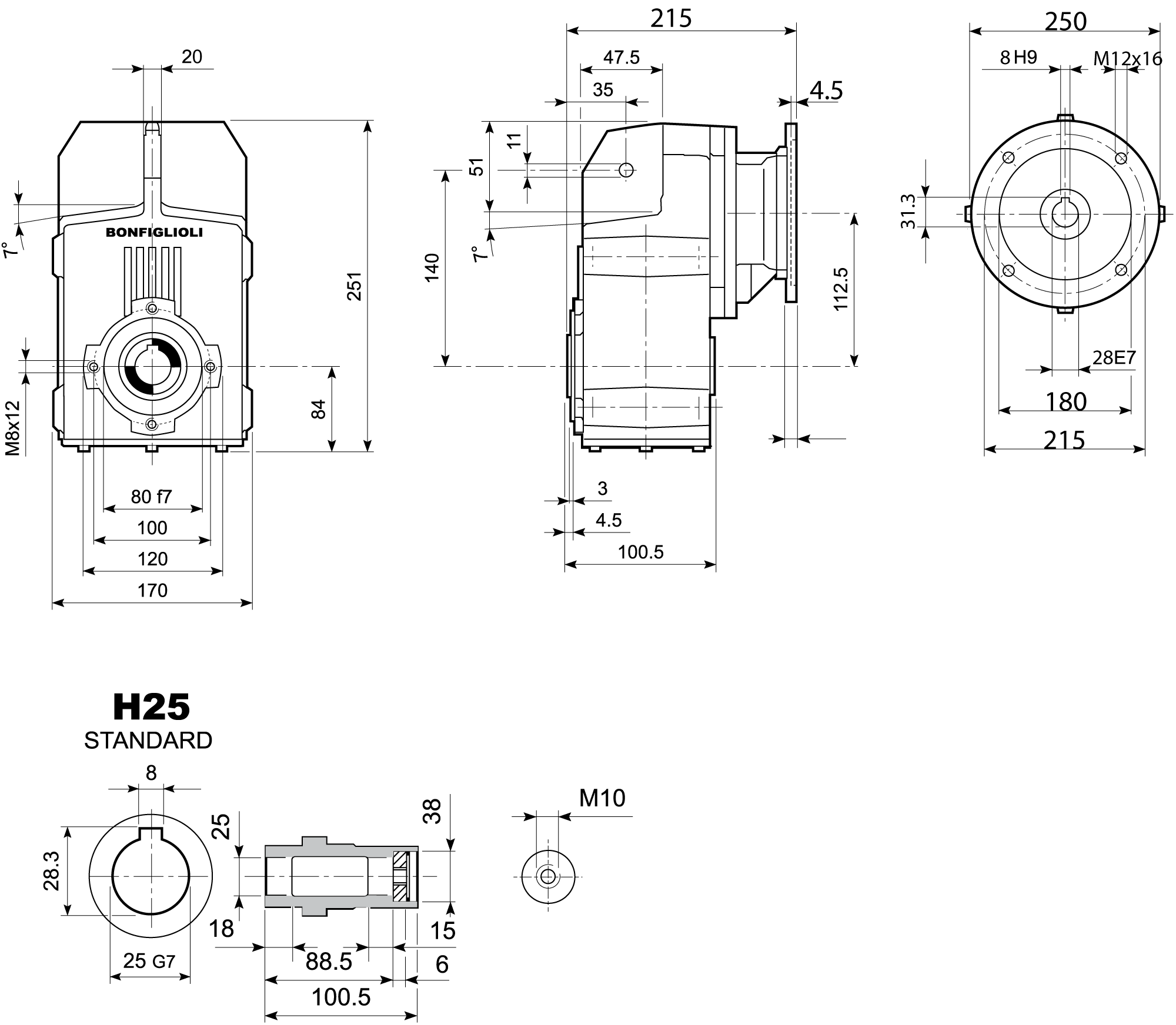 Maatschets Bonfiglioli Riduttori F-serie opsteek tandwielkast type F0102 bouwvorm H met IEC motoraanbouwflens P100/B5