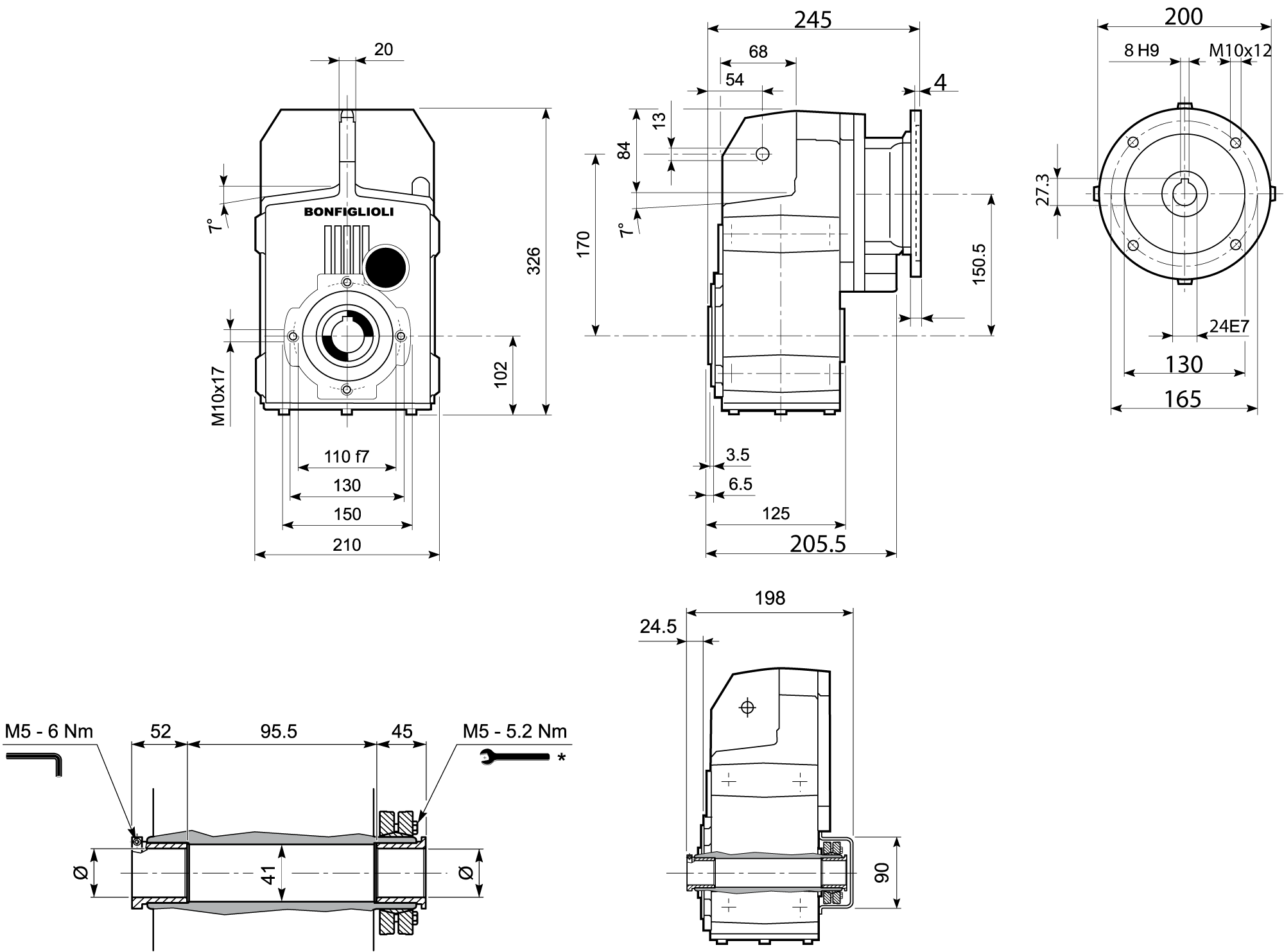 Maatschets Bonfiglioli Riduttori F-serie opsteek tandwielkast type F0312 bouwvorm QF met IEC motoraanbouwflens P090/B5