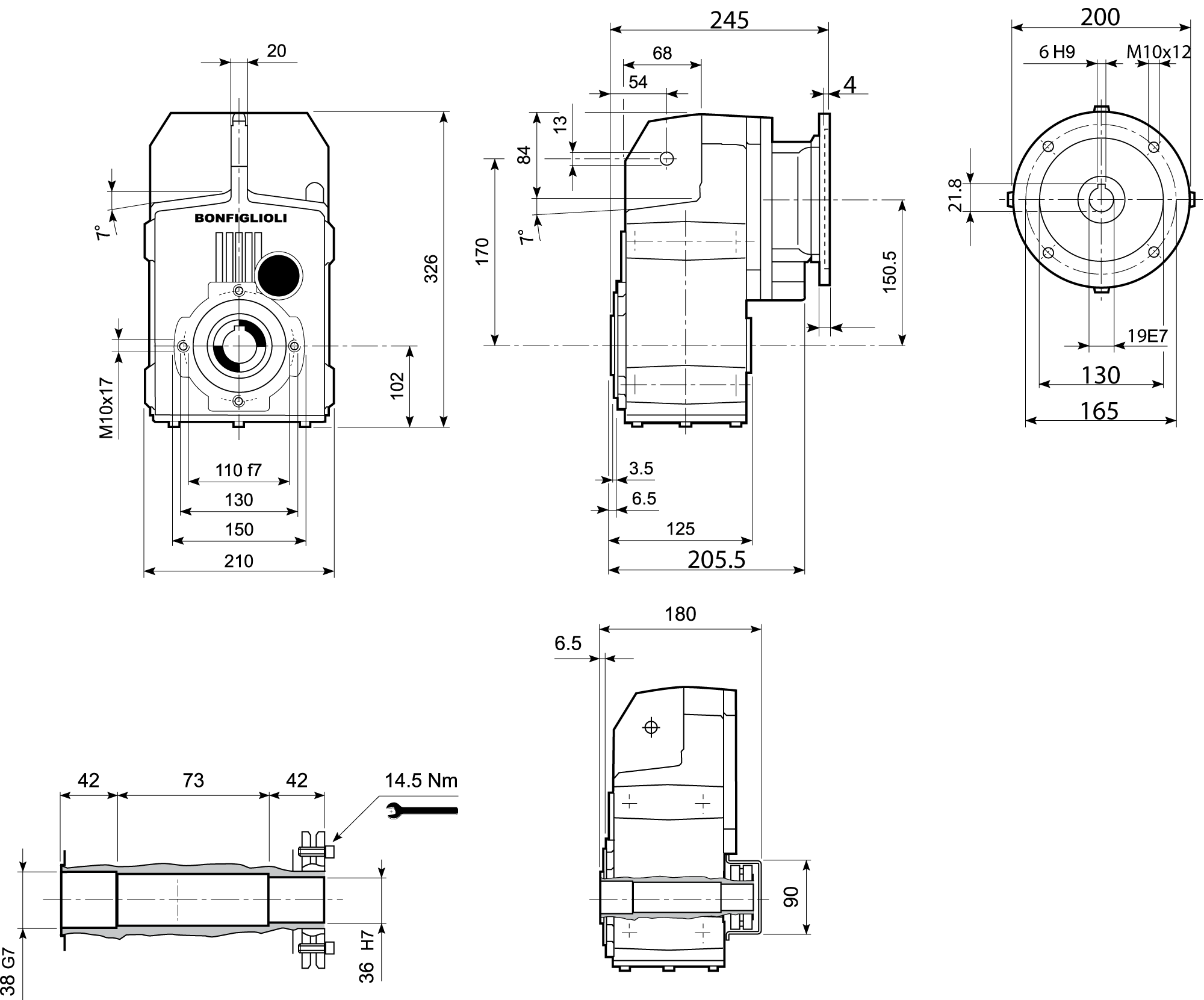 Maatschets Bonfiglioli Riduttori F-serie opsteek tandwielkast type F0312 bouwvorm S met IEC motoraanbouwflens P080/B5