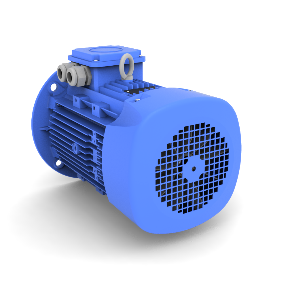 ELSTO Q3E-serie aluminium draaistroommotor IE3 bouwvorm B5 schuin achter aanzicht