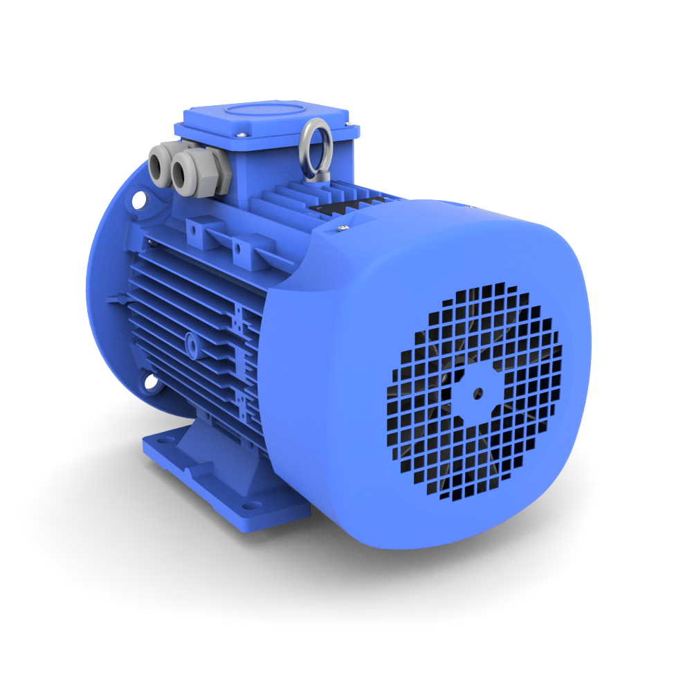 ELSTO Q3E-serie aluminium draaistroommotor IE3 bouwvorm B3/B5 schuin achter aanzicht
